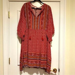 Knox Rose Red Printed Boho Midi Dress with Tassel Tie